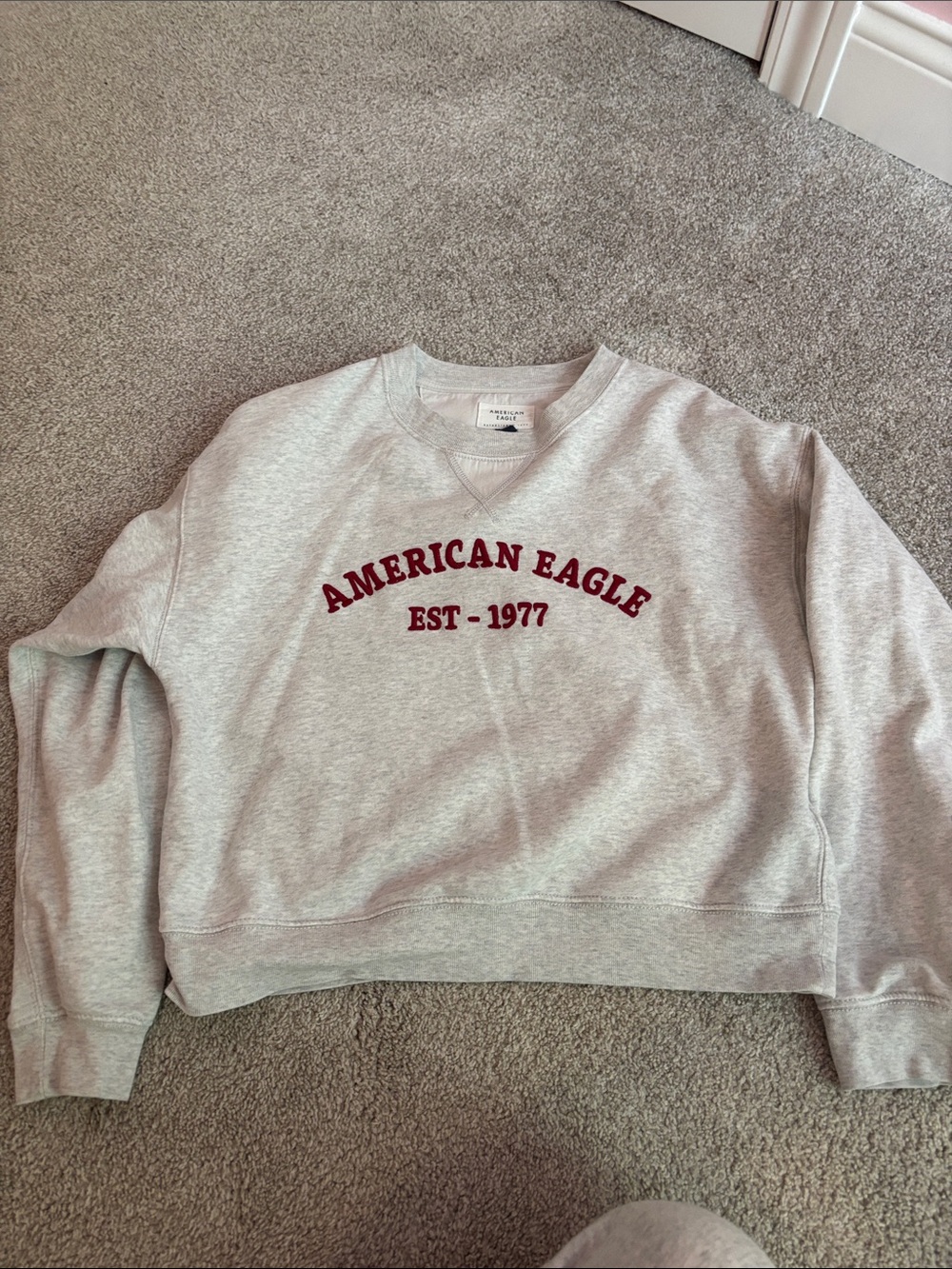 American Eagle Outfitters Heather Gray Crewneck Sweatshirt with Maroon Arch Logo